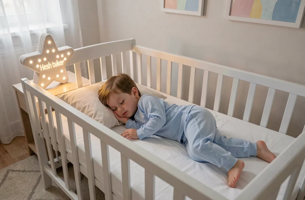 Tout-petit endormi dans un berceau blanc avec une veilleuse personnalisée étoile posée sur la table de nuit