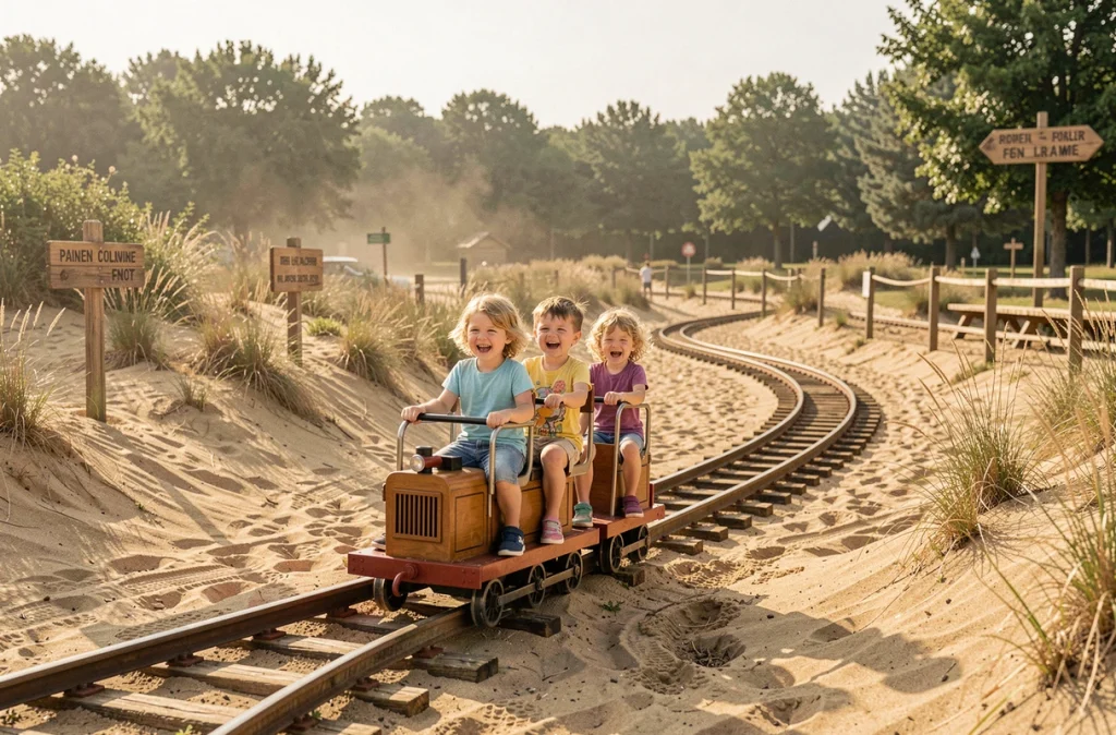 Trois jeunes enfants ravis à bord d'un petit train traversant le paysage sableux et western de la Mer de Sable