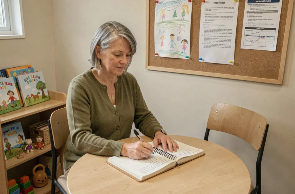Travailleuse sociale rédigeant un rapport dans une salle de médiation familiale dans le cadre d'un suivi de refus de visite médiatisée avant audience