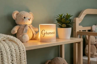 Veilleuse bébé personnalisée avec prénom gravé posée sur une étagère en bois dans une chambre de bébé cosy