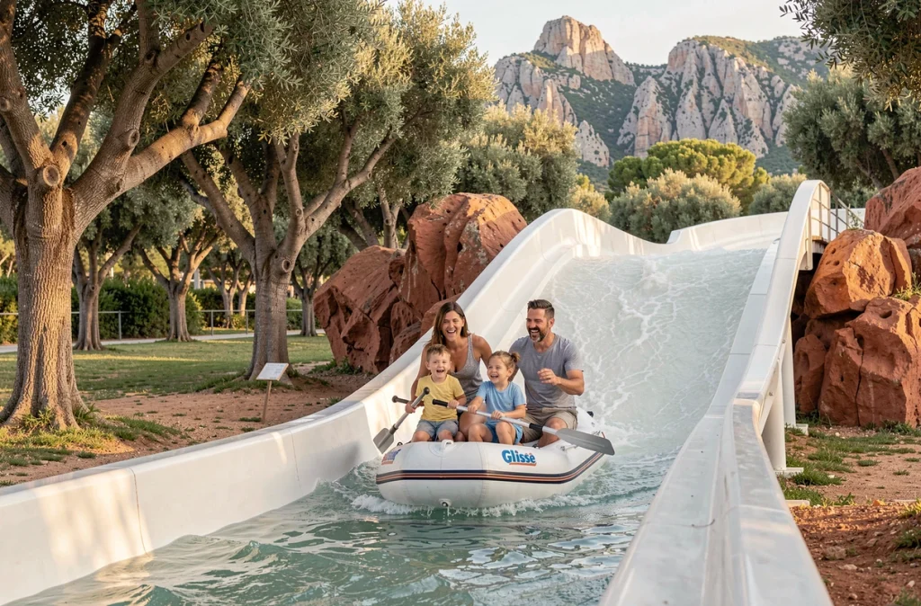Famille avec enfants sur un radeau gonflable au sommet d'un toboggan de Water Glisse à Roquebrune-sur-Argens avec massif de l'Estérel en arrière-plan