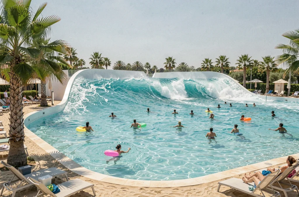 Piscine à vagues de Wave Island avec visiteurs en maillots de bain profitant des vagues artificielles et palmiers en arrière-plan